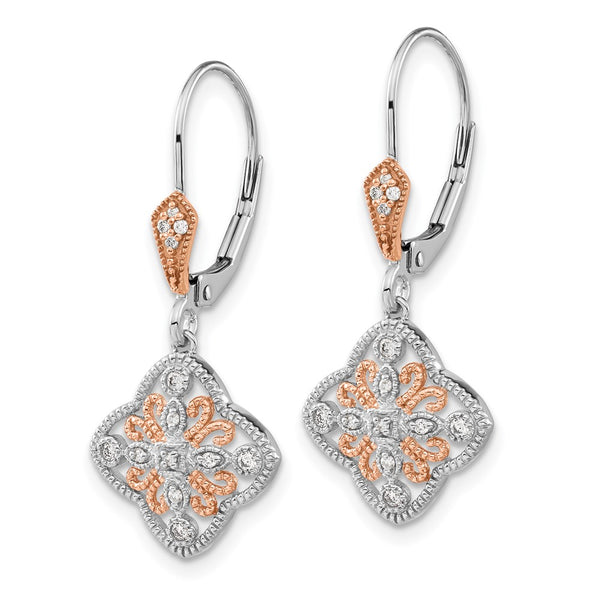 14K White Gold Diamond Leverback Earrings - Rose Rhodium