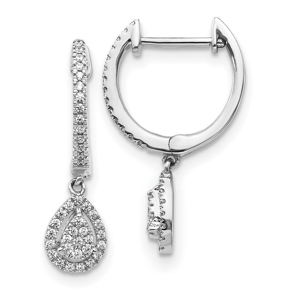 14K White Gold Teardrop Hoop Earrings - Diamond Accents
