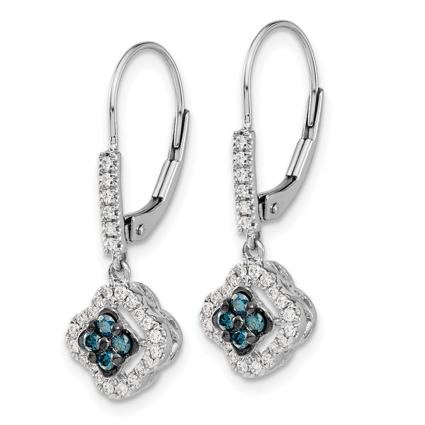 14K White Gold Dangle Earrings with White & Blue Diamonds