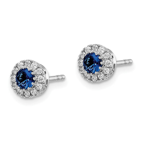 14K White Gold Halo Stud Earrings with Diamonds & Blue Sapphires