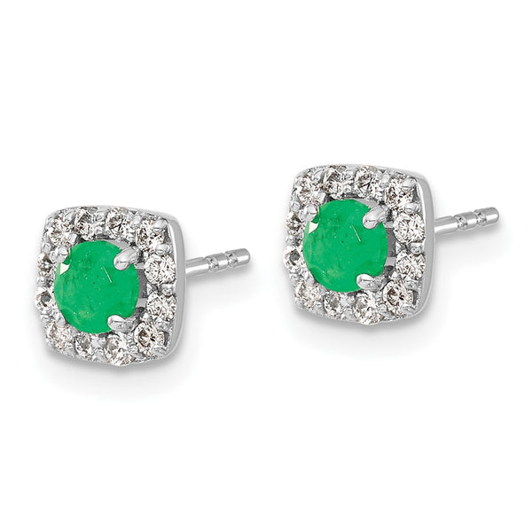 14K White Gold Square Halo Earrings with Diamonds & Emeralds