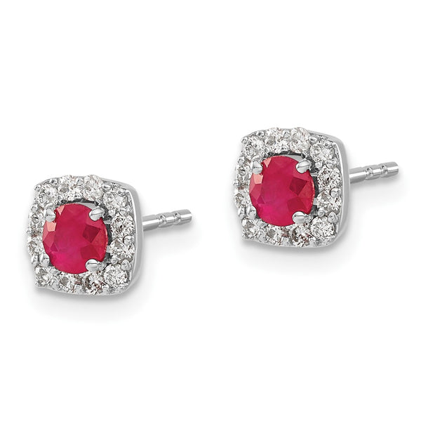 14K White Gold Square Halo Earrings with Diamonds & Rubies