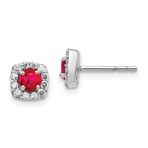 14K White Gold Square Halo Earrings with Diamonds & Rubies