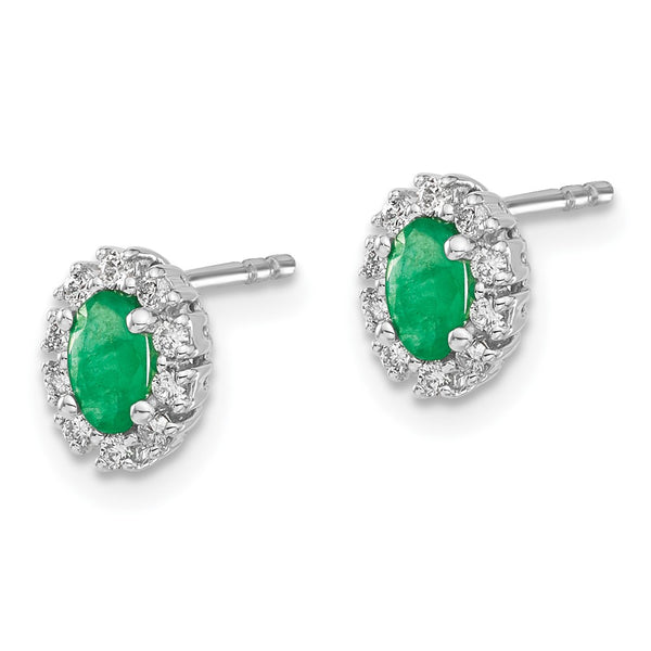 14K White Gold Oval Halo Earrings with 1/5 Ct Diamonds & Emeralds