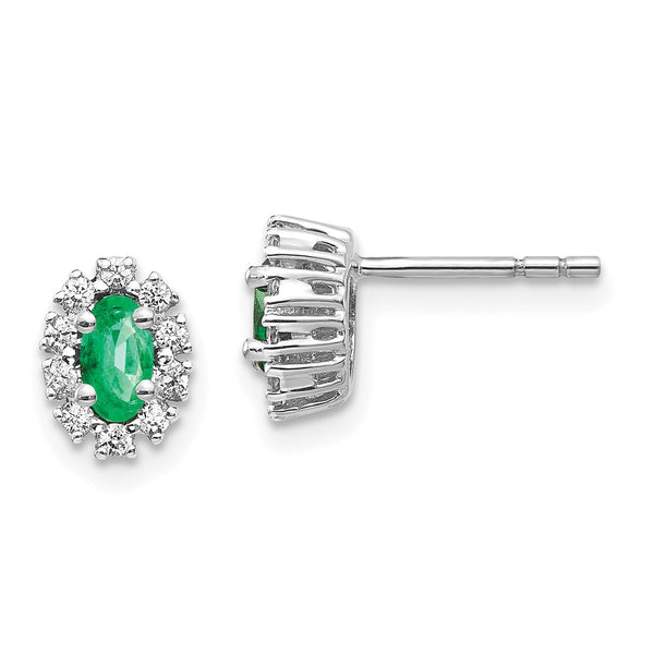 14K White Gold Oval Halo Earrings with 1/5 Ct Diamonds & Emeralds