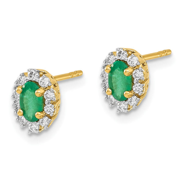14K Gold Oval Created Emerald Halo Earrings with 1/5 Carat Lab-Grown Diamond