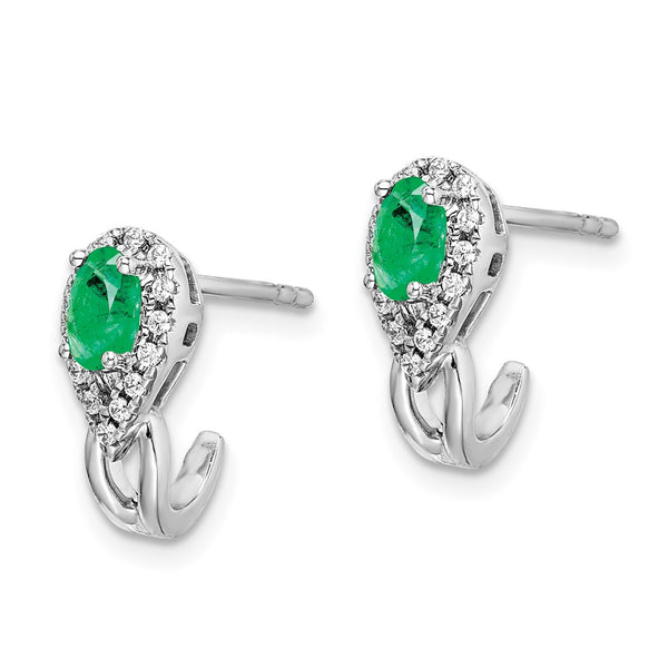 14K White Gold Emerald & Diamond Earrings - 1/8 Ct Diamonds
