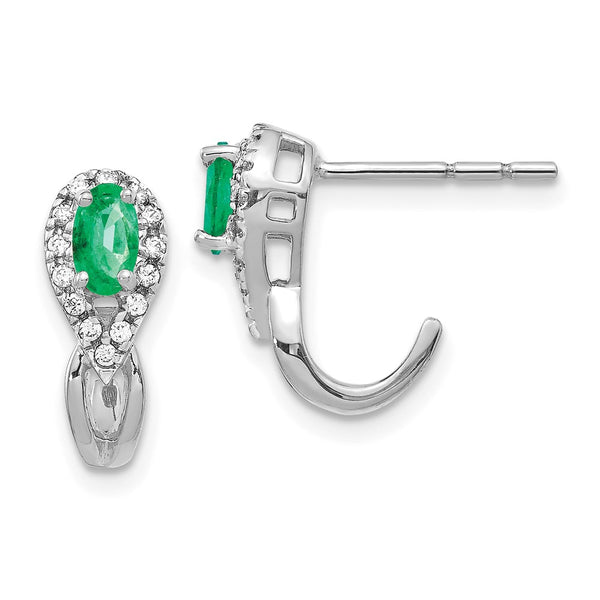 14K White Gold Emerald & Diamond Earrings - 1/8 Ct Diamonds