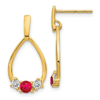 High-Quality 14K Gold Teardrop Earrings with 1/4 Carat Diamond & Ruby Accents