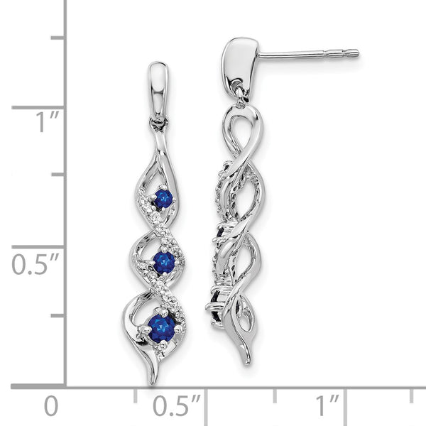 10K White Gold 3-Stone Diamond & Blue Sapphire Dangle Earrings