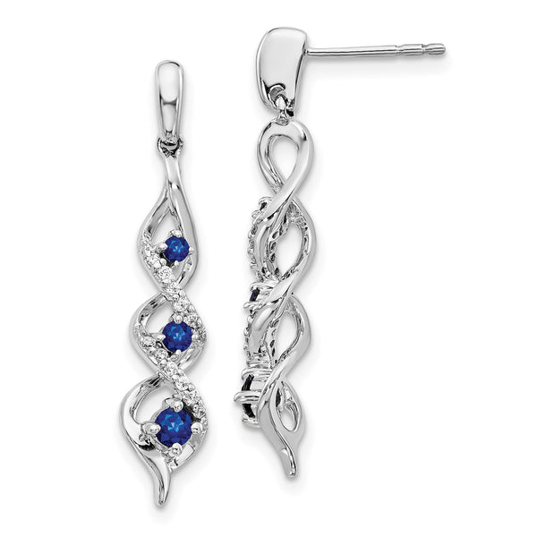 10K White Gold 3-Stone Diamond & Blue Sapphire Dangle Earrings