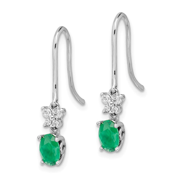 14K White Gold Oval Emerald & 1/8ct Diamond Dangle Earrings