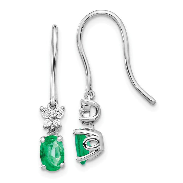 14K White Gold Oval Emerald & 1/8ct Diamond Dangle Earrings