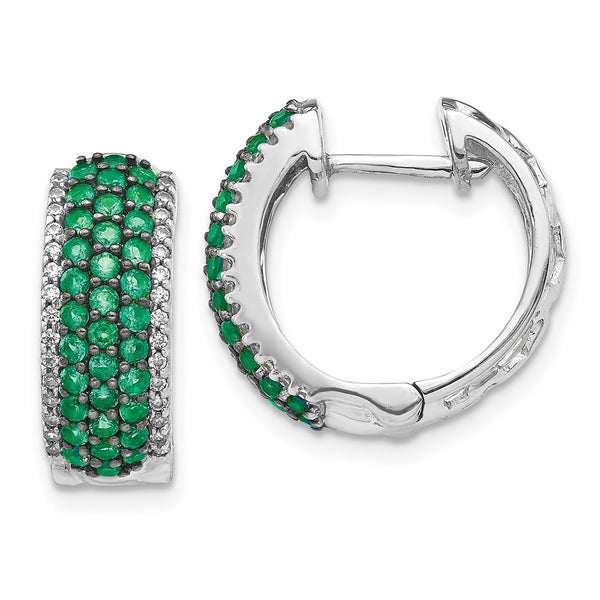 14K White Gold Hinged Hoop Earrings with Diamonds & Emeralds - Style GR1-1003297
