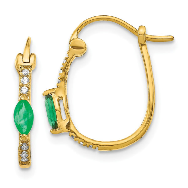 14K Gold Hinged Hoop Earrings with 1/20ct Diamonds & Emeralds
