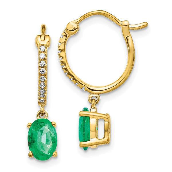 14K Gold Diamond & Emerald Dangle Hoop Earrings, 1/10ct Diamonds