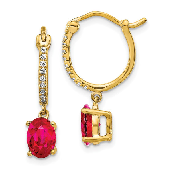 14K Gold Diamond & Ruby Dangle Hoop Earrings - 1/10ct