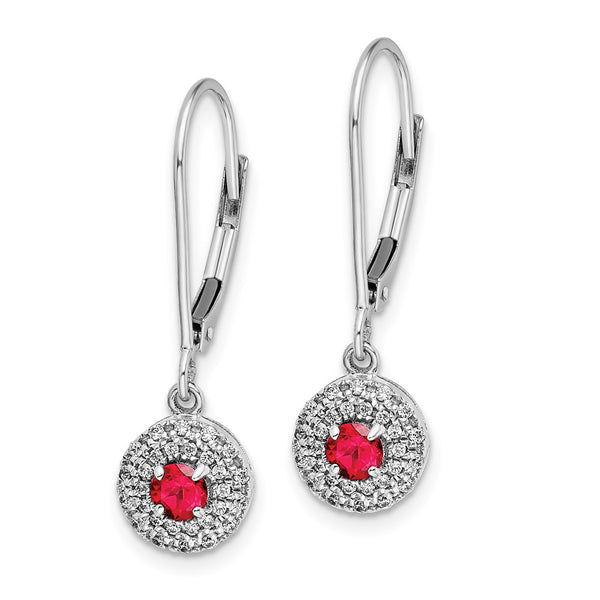 14K White Gold Ruby Dangle Earrings with Diamond Halo