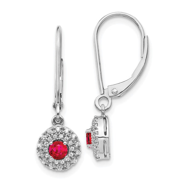 14K White Gold Ruby Dangle Earrings with Diamond Halo