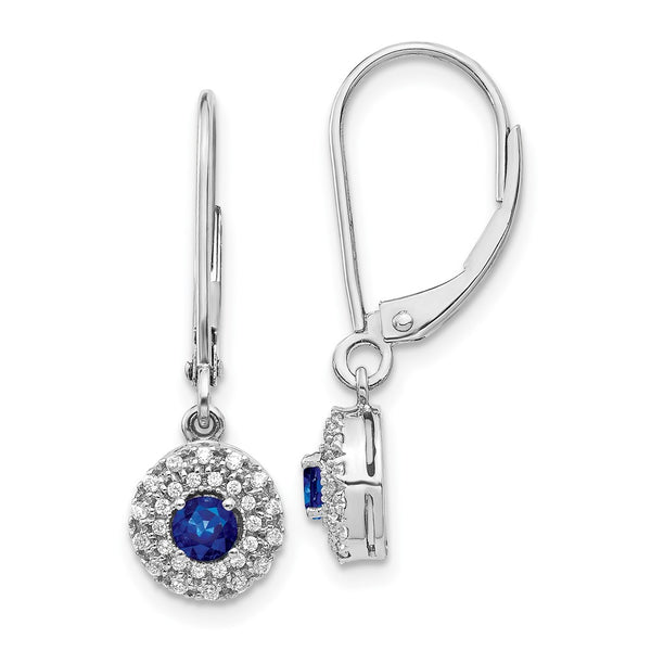 14K White Gold Sapphire Dangle Earrings with Diamond Halo