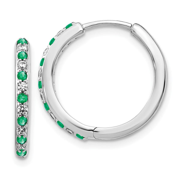 14K White Gold Hinged Hoop Earrings with Diamonds & Emeralds - Style GR1-1017109