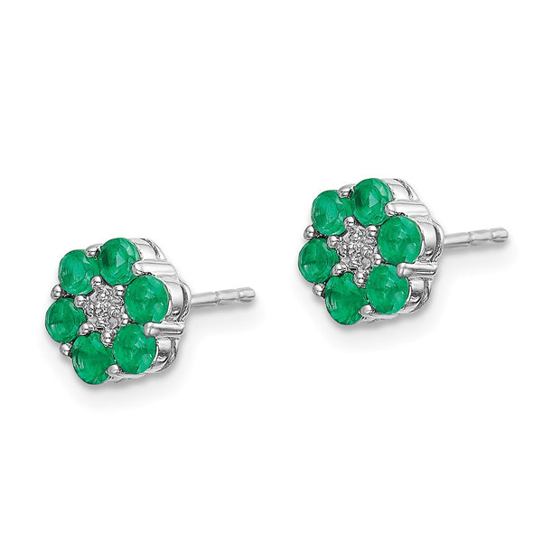 Polished Emerald & Diamond Post Earrings in 14K White Gold