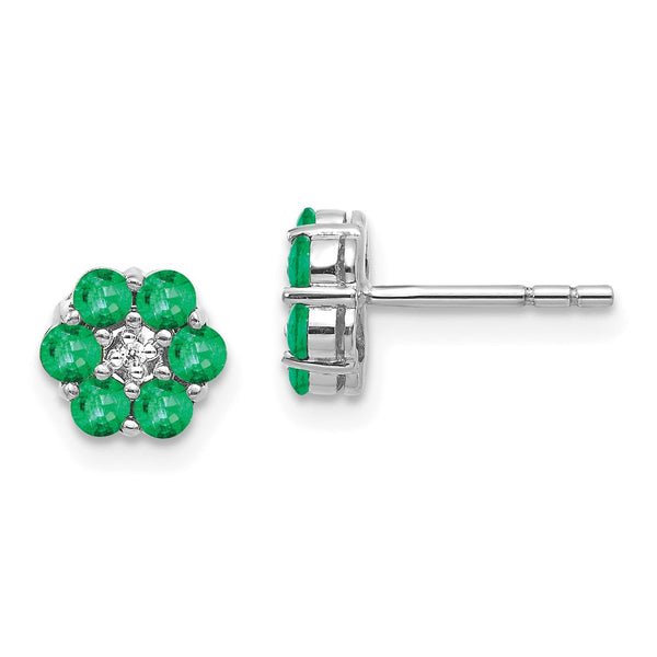 Polished Emerald & Diamond Post Earrings in 14K White Gold
