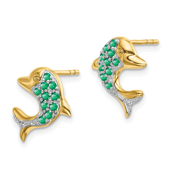 14K Gold Emerald & Diamond Dolphin Stud Earrings - 0.85mm