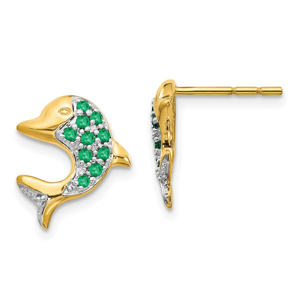 14K Gold Emerald & Diamond Dolphin Stud Earrings - 0.85mm
