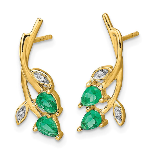 14K Gold Floral Post Earrings with Diamonds & Pear Emeralds