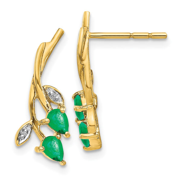 14K Gold Floral Post Earrings with Diamonds & Pear Emeralds