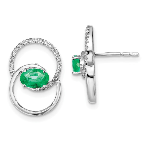 14K White Gold Double Circle Emerald & Diamond Stud Earrings