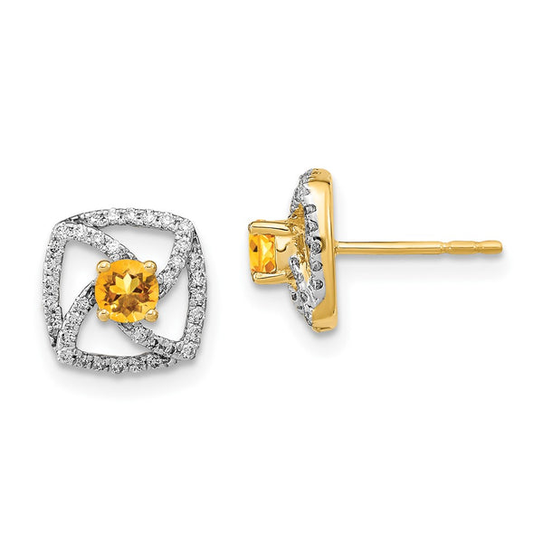 14K Gold Polished Square Post Earrings with Diamond & Citrine