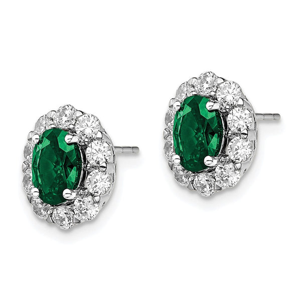 14K White Gold Oval Created Emerald Halo Earrings - 1.2ct Lab Grown Diamonds