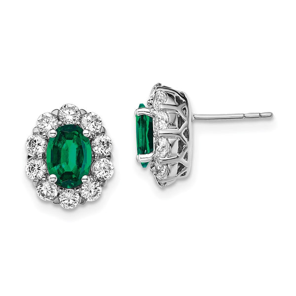 14K White Gold Oval Created Emerald Halo Earrings - 1.2ct Lab Grown Diamonds