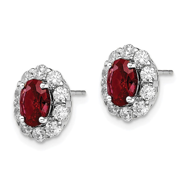 14K White Gold Oval Ruby Halo Earrings, 1.2 Carats Lab Diamonds