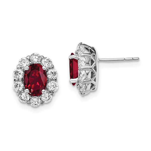 14K White Gold Oval Ruby Halo Earrings, 1.2 Carats Lab Diamonds