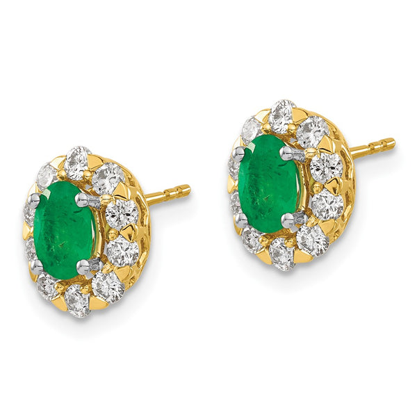 14K Gold Oval Emerald & Diamond Halo Stud Earrings