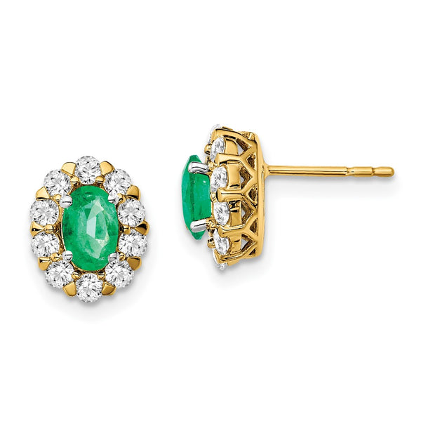 14K Gold Oval Emerald & Diamond Halo Stud Earrings