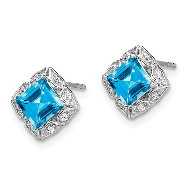 14K White Gold Square Blue Topaz & Diamond Earrings - Style GR1-1003561