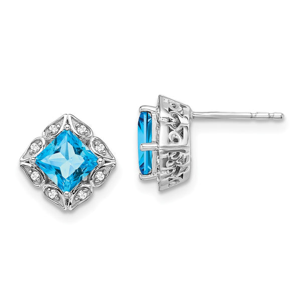 14K White Gold Square Blue Topaz & Diamond Earrings - Style GR1-1003561