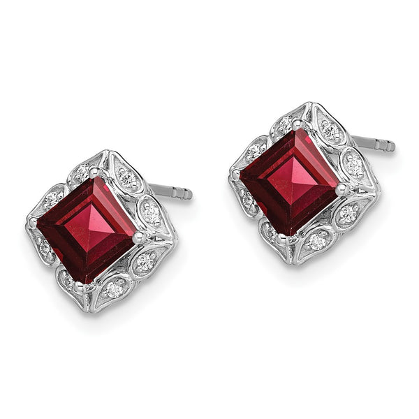 14K White Gold Square Garnet & Diamond Earrings