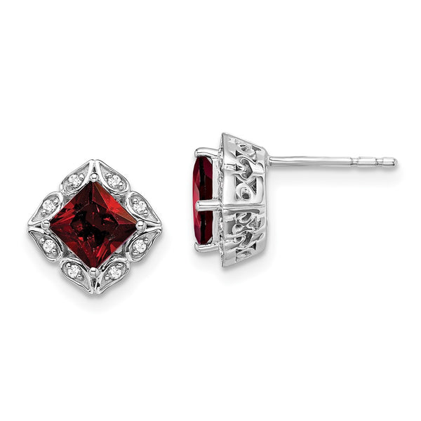 14K White Gold Square Garnet & Diamond Earrings