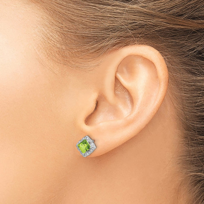 Exclusive 14K White Gold Square Peridot & Diamond Earrings - Stylish Value!-3