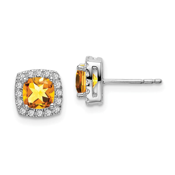 14K White Gold Cushion-Cut Citrine & Diamond Halo Earrings - Style GR1-1003577