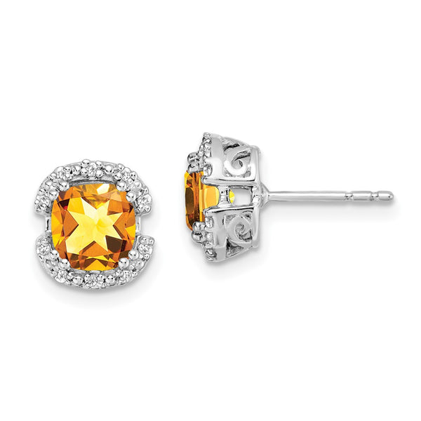 14K White Gold Cushion-Cut Citrine & Diamond Halo Earrings - Style GR1-1003588