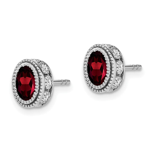 Designer 14K White Gold Oval Garnet & Diamond Earrings - Stylish Value Choice