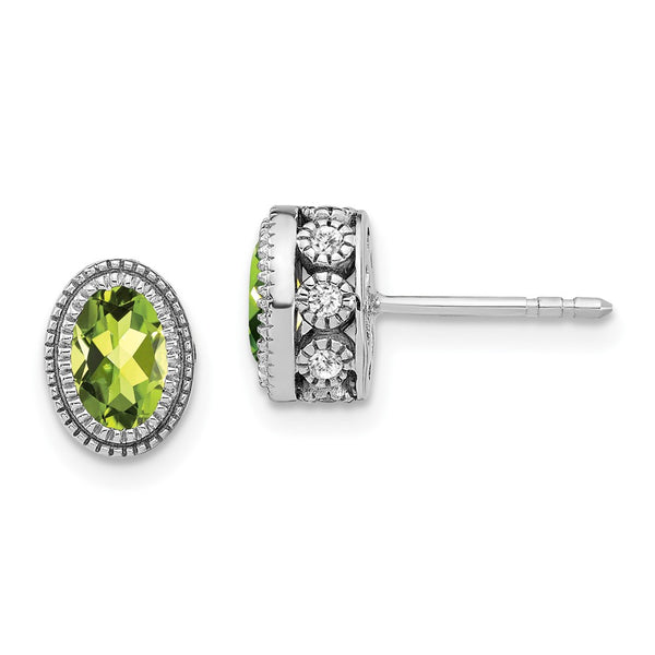 14K White Gold Oval Peridot & Diamond Earrings