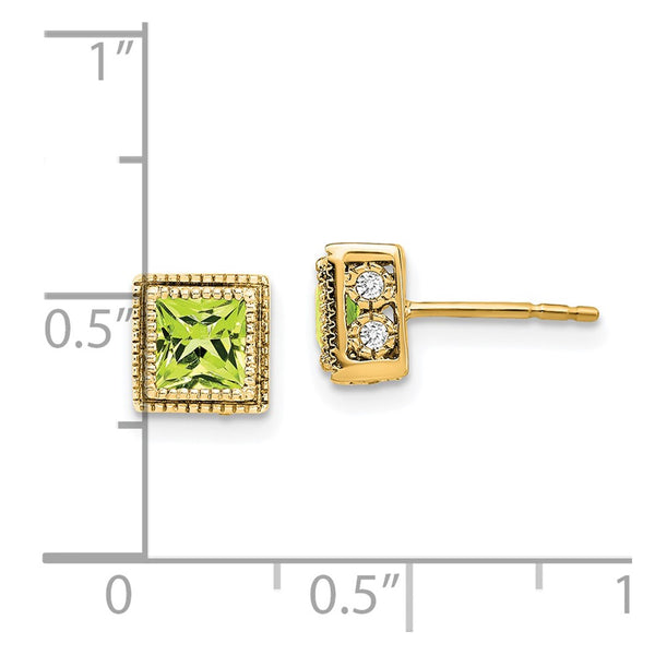14K Gold Square Peridot & Diamond Earrings