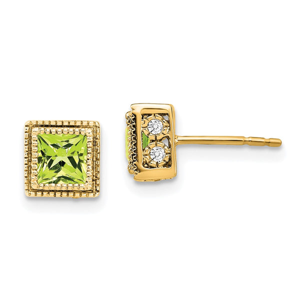 14K Gold Square Peridot & Diamond Earrings